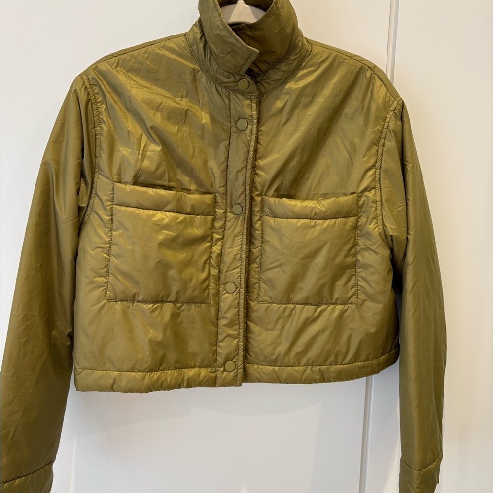 ONLY Olive Green Cropped Puffer Jacket | Lightweight Quilted Snap Front | Size M - Picture 7 of 8